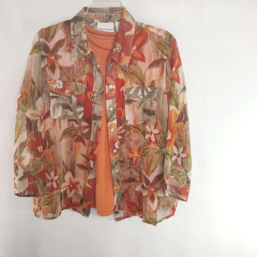 Alfred Dunner Floral Sheer Blouse - Orange and Green